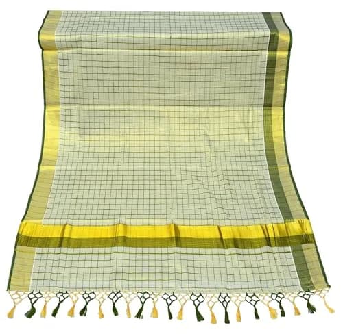 YETTALAN® Womens Kuthampully Flora Tissue Saree with Fancy Border and Tassels (Kunchalam), Green, 6.25 Meters thumbnail 1