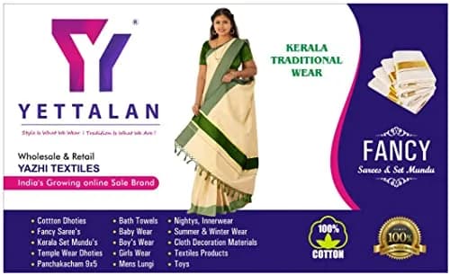 YETTALAN® Womens Kuthampully Flora Tissue Saree with Fancy Border and Tassels (Kunchalam), Green, 6.25 Meters thumbnail 7