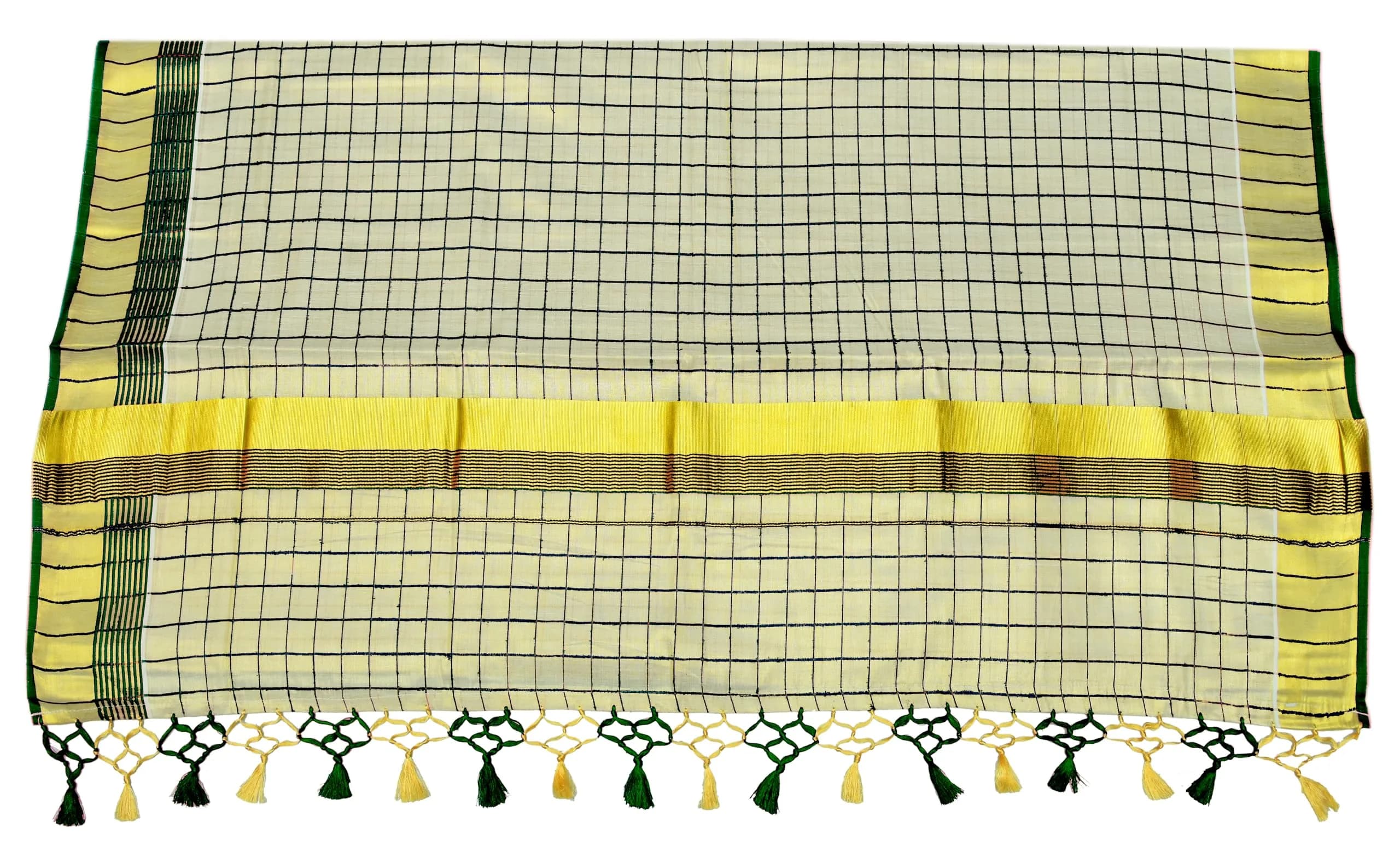 YETTALAN® Womens Kuthampully Flora Tissue Saree with Fancy Border and Tassels (Kunchalam), Green, 6.25 Meters - view 2