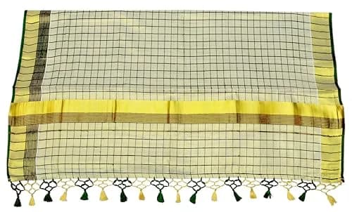 YETTALAN® Womens Kuthampully Flora Tissue Saree with Fancy Border and Tassels (Kunchalam), Green, 6.25 Meters thumbnail 2