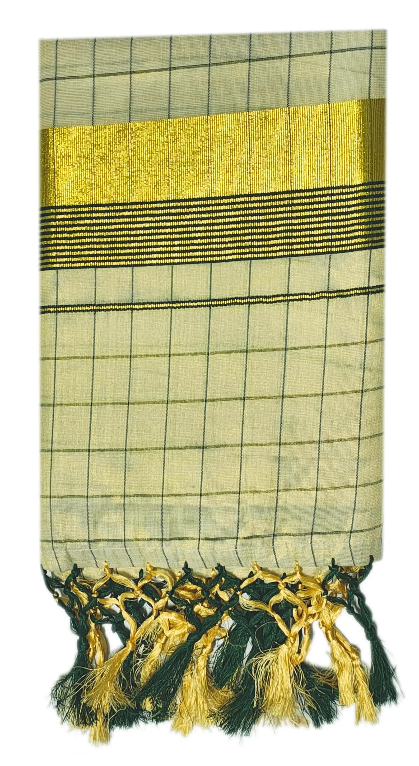 YETTALAN® Womens Kuthampully Flora Tissue Saree with Fancy Border and Tassels (Kunchalam), Green, 6.25 Meters - view 3