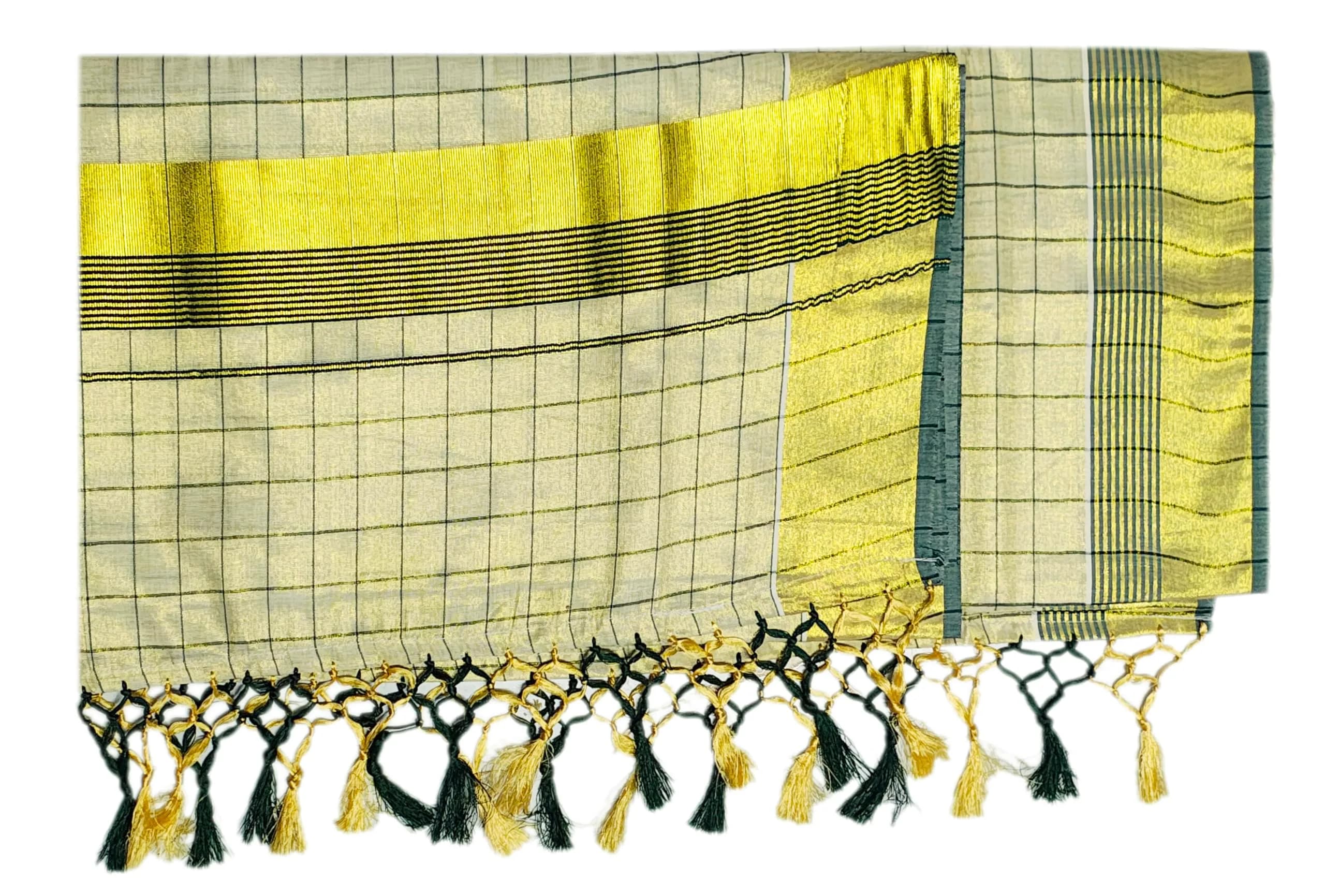 YETTALAN® Womens Kuthampully Flora Tissue Saree with Fancy Border and Tassels (Kunchalam), Green, 6.25 Meters - view 4
