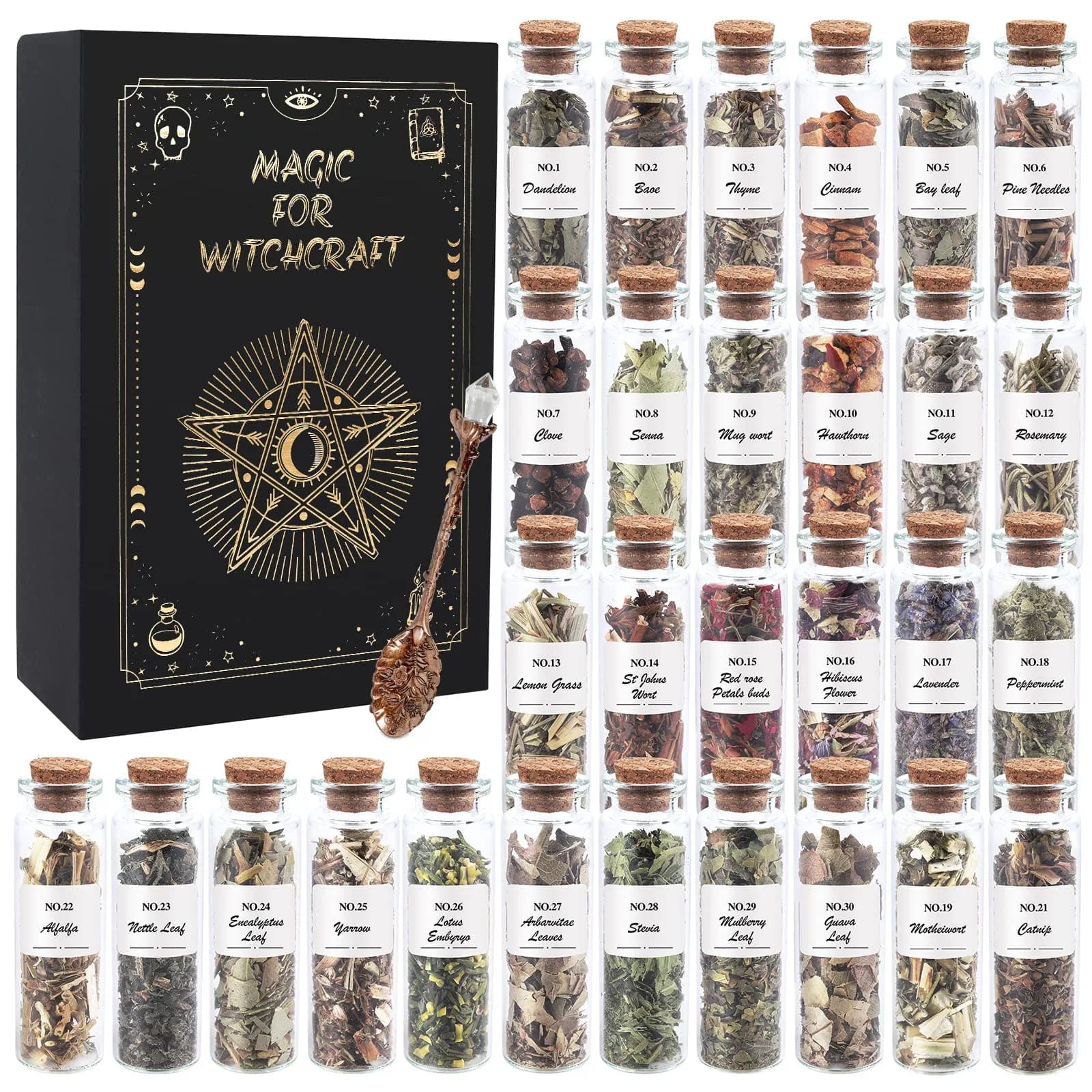 HOOMUU 30-Pack Witchcraft Herbs and Flowers for Altar Crafts | Natural Dried Botanicals for Spell Jars, DIY Gifts, and Home Decor — Powder