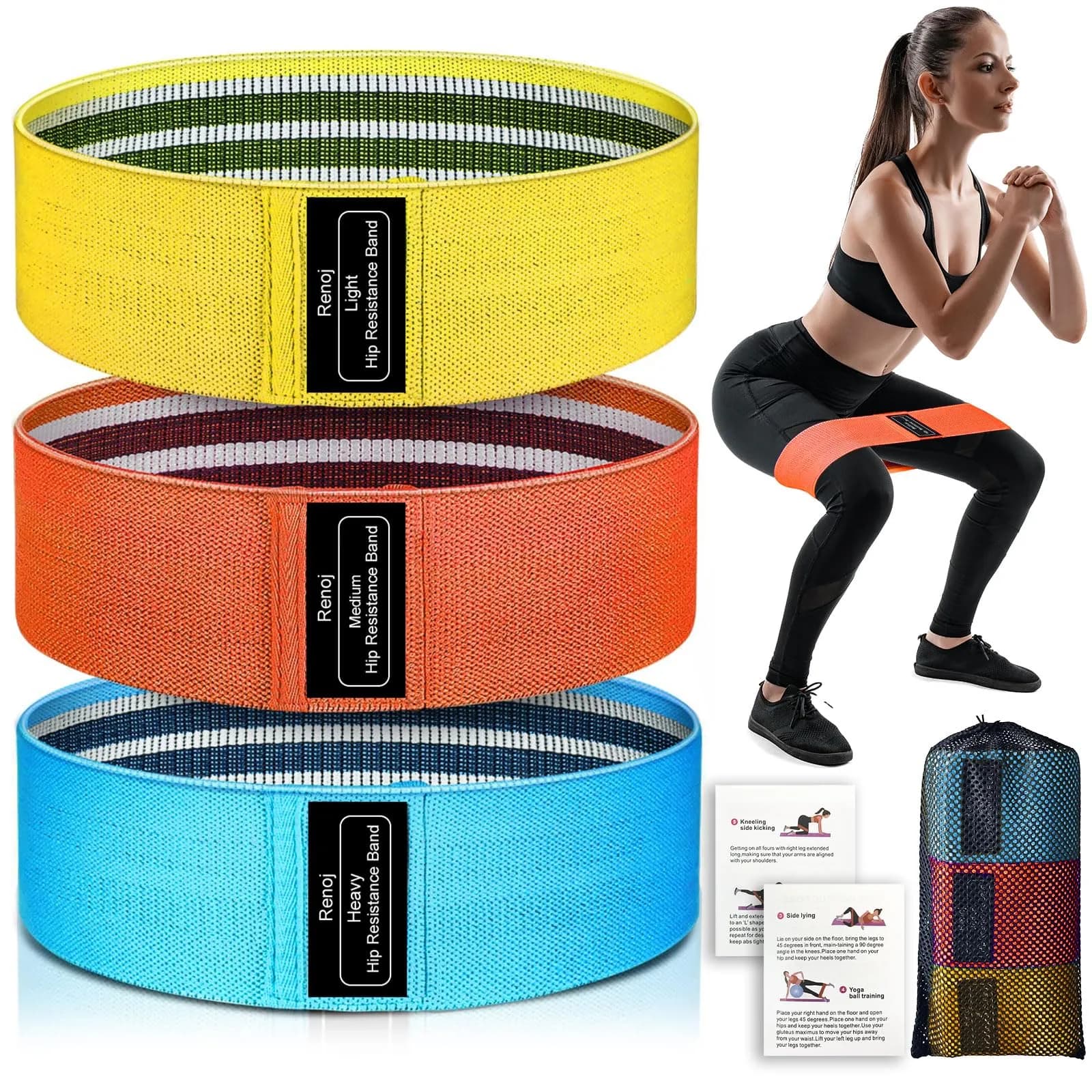 Renoj Resistance Bands for Working Out 3-Set | Heavy/Medium/Light Fabric Loops for Women Men