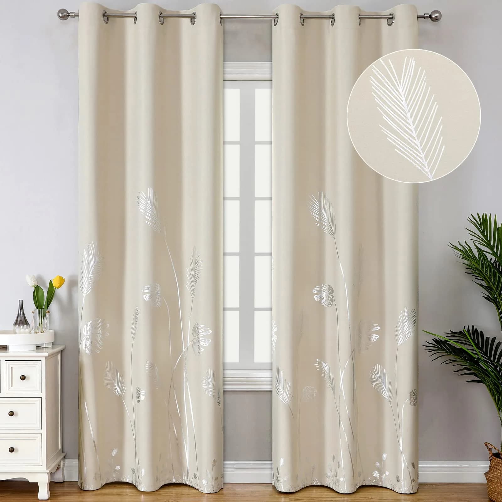 Estelar Textiler Cream Patterned Curtains for Living Room Bedroom 42W x 96L | Blackout, Energy Saving