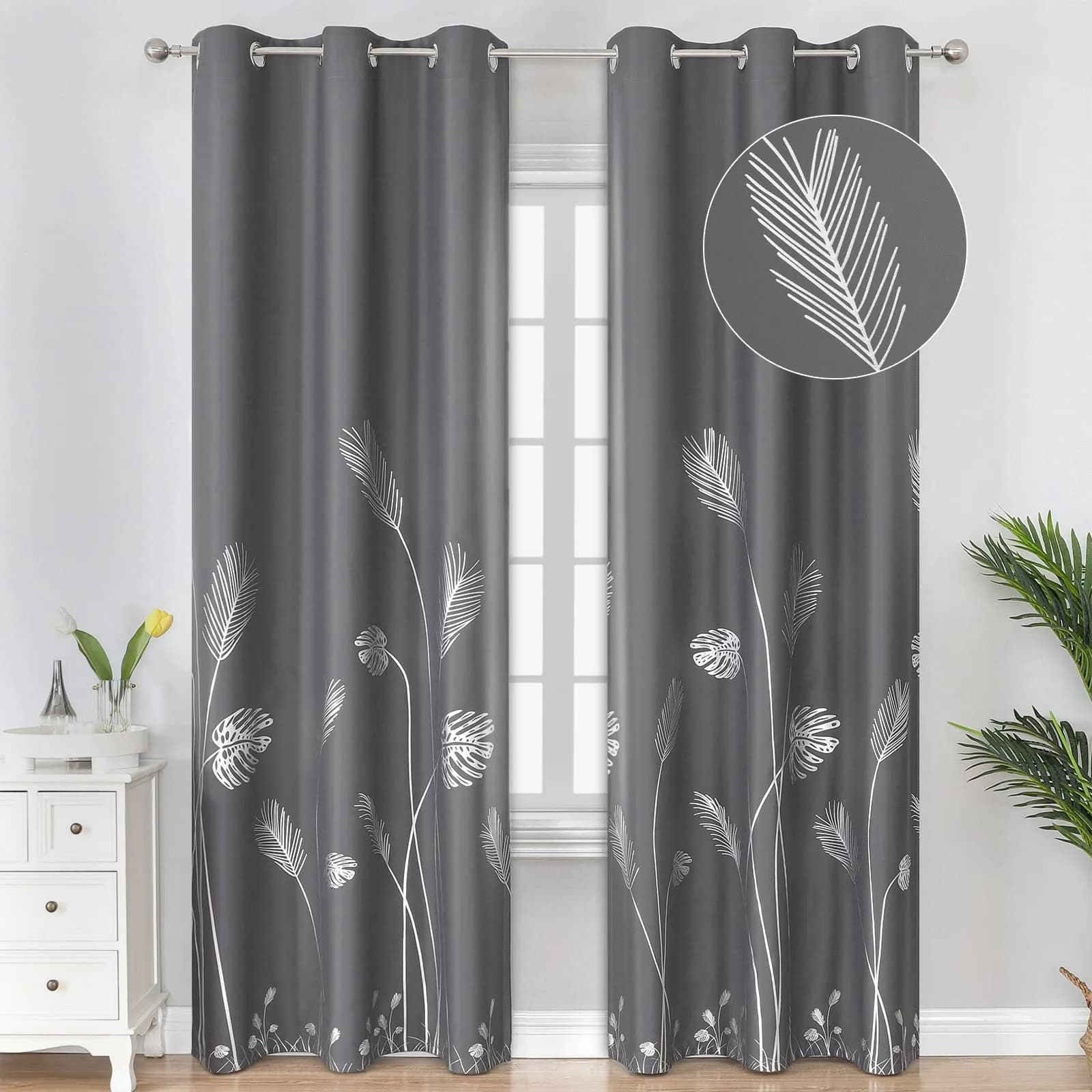 Estelar Textiler Dark Gray Blackout Patterned Curtains 42x84 inch | Energy Saving & Elegant Design — Dark Grey/Silver Print