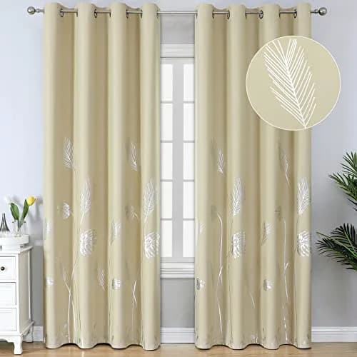 Estelar Textiler Beige Blackout Patterned Curtains for Living Room & Bedroom 52Wx84L Inch | Elegant Palm Banana Leaf Design thumbnail 1