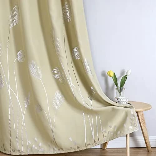 Estelar Textiler Beige Blackout Patterned Curtains for Living Room & Bedroom 52Wx84L Inch | Elegant Palm Banana Leaf Design thumbnail 7