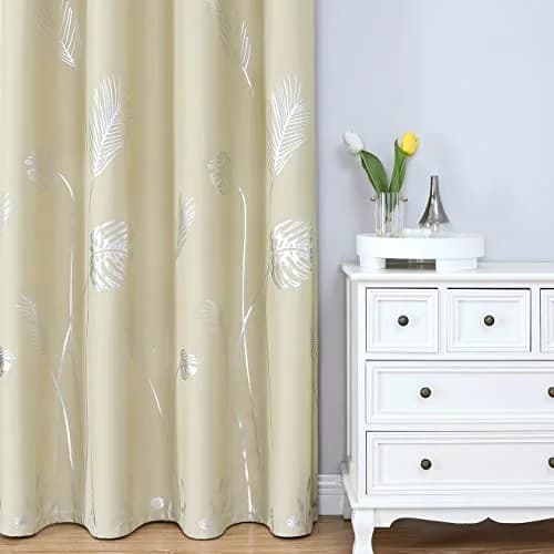 Estelar Textiler Beige Blackout Patterned Curtains for Living Room & Bedroom 52Wx84L Inch | Elegant Palm Banana Leaf Design thumbnail 2