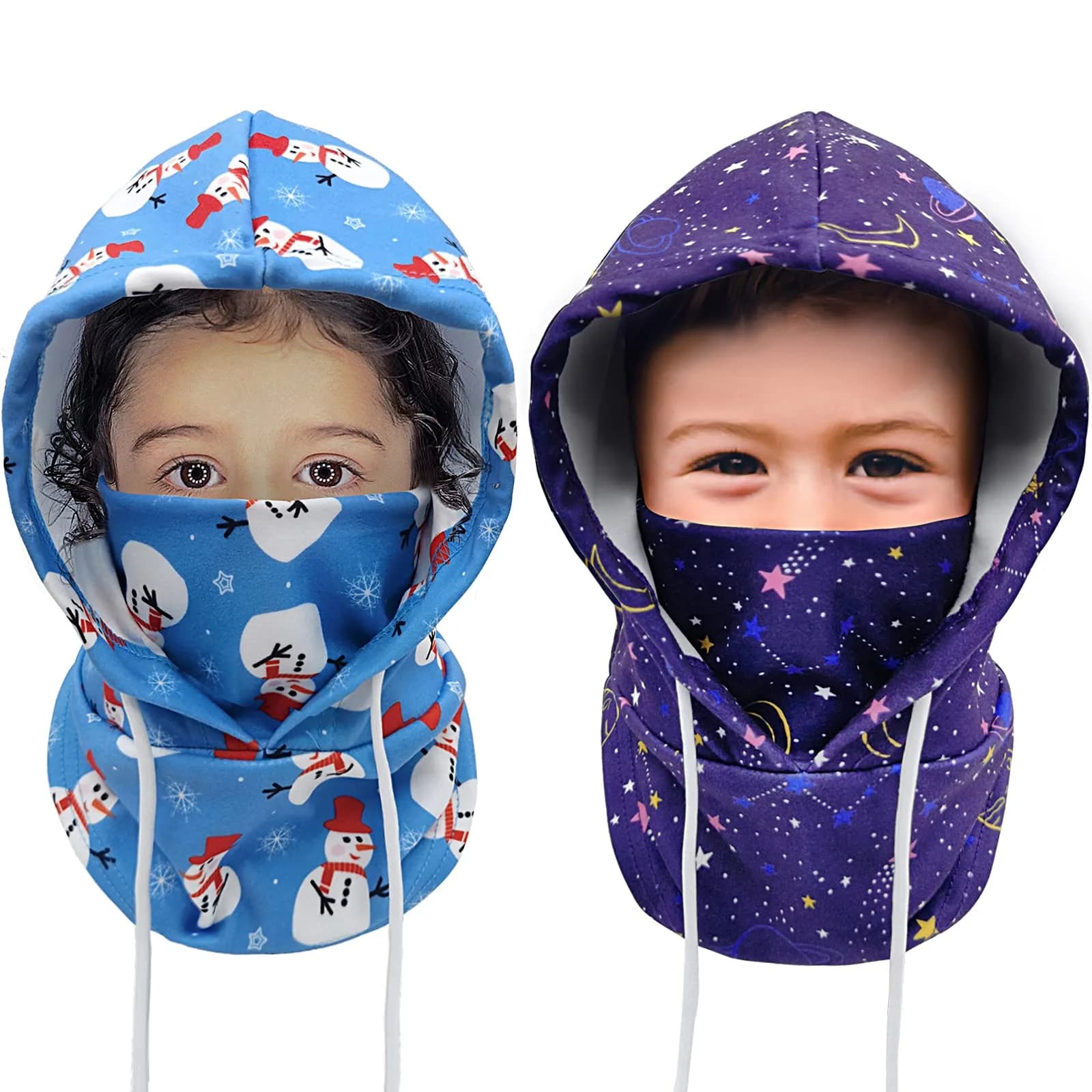 Ineetatu Kids Winter Balaclava Windproof Hats (2 Pack) - Universe + Snowman, Ages 4-16 | Warm Fleece Ski Mask with Adjustable Face Cover