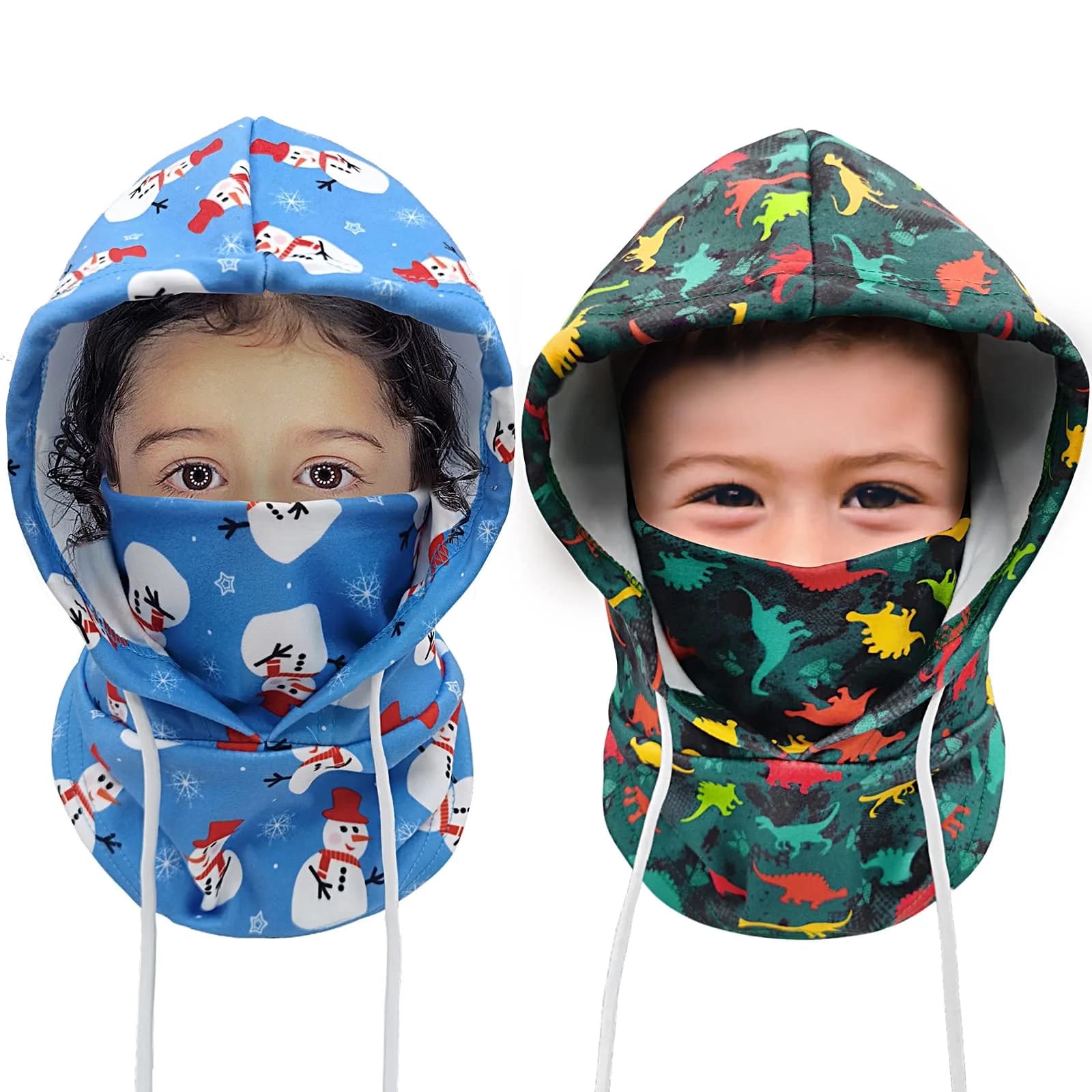 Ineetatu Kids Winter Balaclava Windproof Hats (2 Pack) - Adjustable Fleece Ski Mask for Boys & Girls, Dinosaur + Snowman