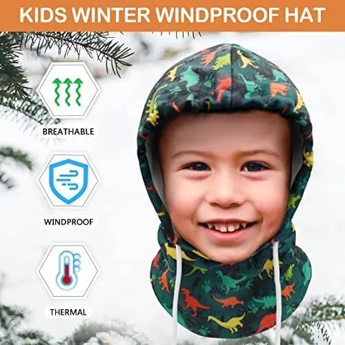 Ineetatu Kids Winter Balaclava Windproof Hats (2 Pack) - Adjustable Fleece Ski Mask for Boys & Girls, Dinosaur + Snowman thumbnail 3
