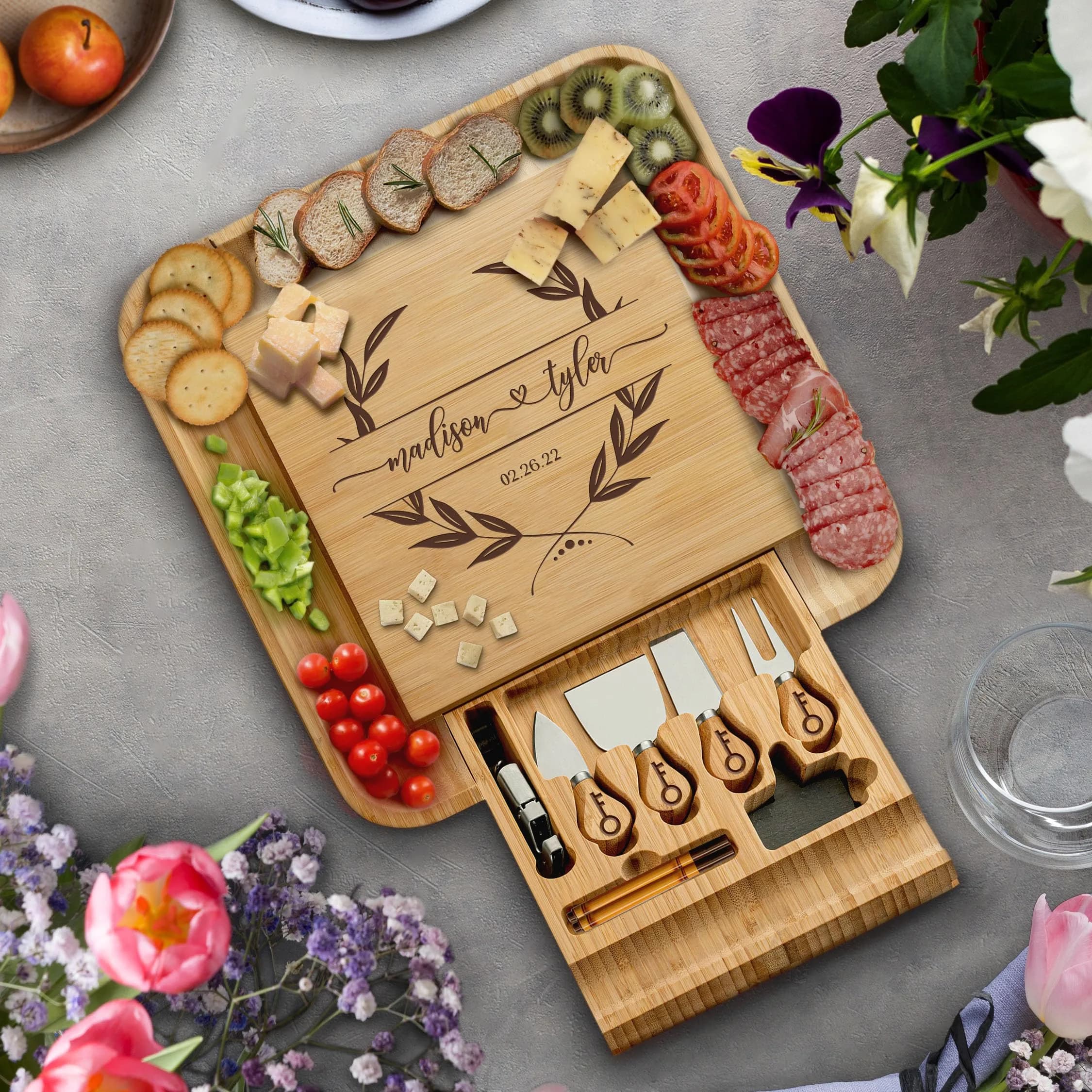 Bambüsi Personalized Charcuterie Board 14.5" x 14" Bamboo & Stainless Steel | Engraved Wedding Gift — Engraved