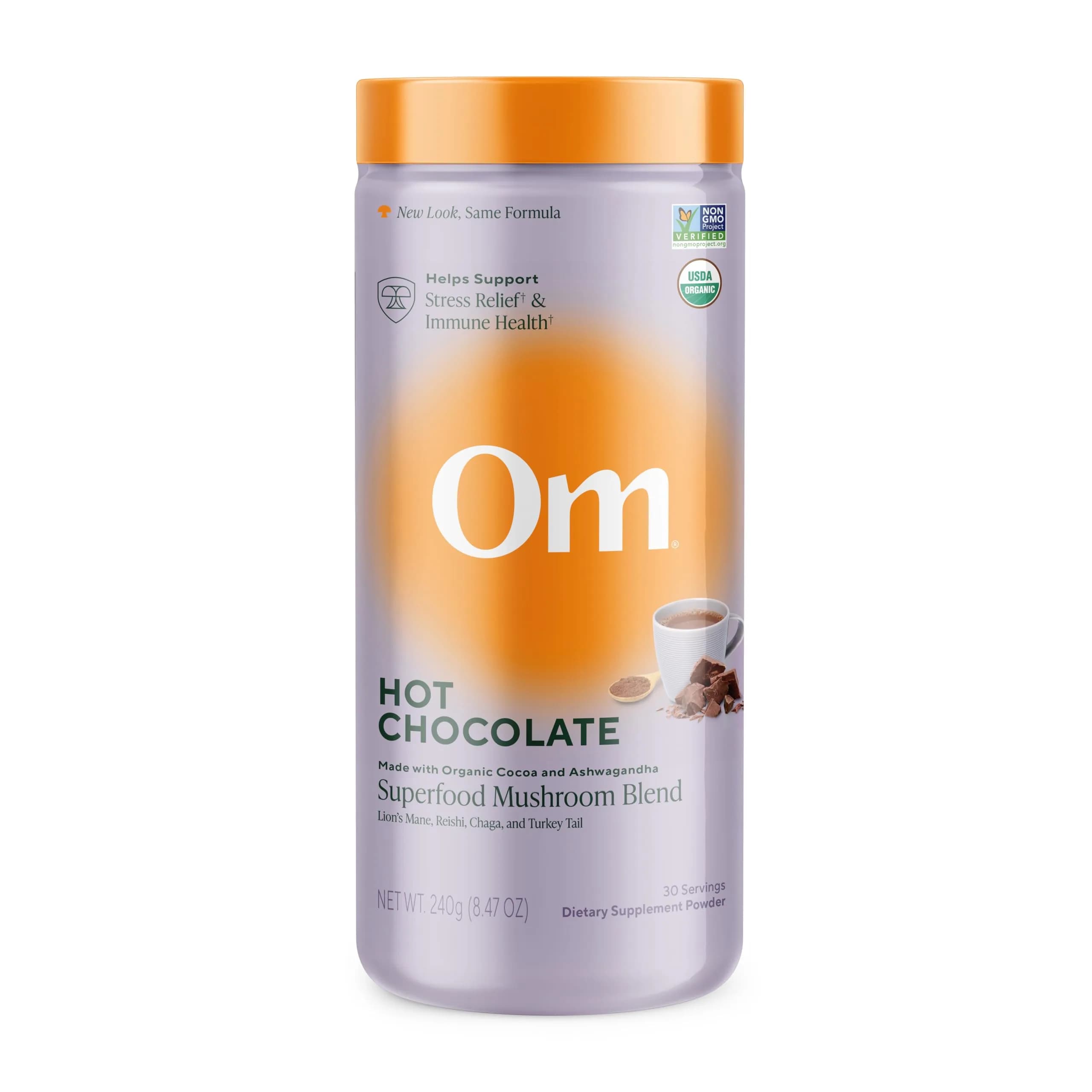 OM MUSHROOM SUPERFOOD Hot Chocolate Blend – Dutch Cocoa with Lion’s Mane, Reishi, Chaga & Turkey Tail – Supports Focus, Calm & Stress Relief – 2g Sugar, 25 Calories – 8.47 oz Canister (30 Servings) — Hot Chocolate