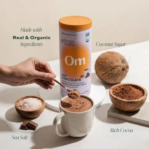 OM MUSHROOM SUPERFOOD Hot Chocolate Blend – Dutch Cocoa with Lion’s Mane, Reishi, Chaga & Turkey Tail – Supports Focus, Calm & Stress Relief – 2g Sugar, 25 Calories – 8.47 oz Canister (30 Servings) thumbnail 4