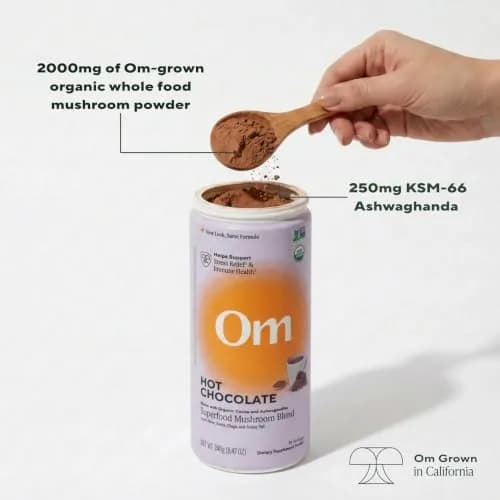 OM MUSHROOM SUPERFOOD Hot Chocolate Blend – Dutch Cocoa with Lion’s Mane, Reishi, Chaga & Turkey Tail – Supports Focus, Calm & Stress Relief – 2g Sugar, 25 Calories – 8.47 oz Canister (30 Servings) thumbnail 2