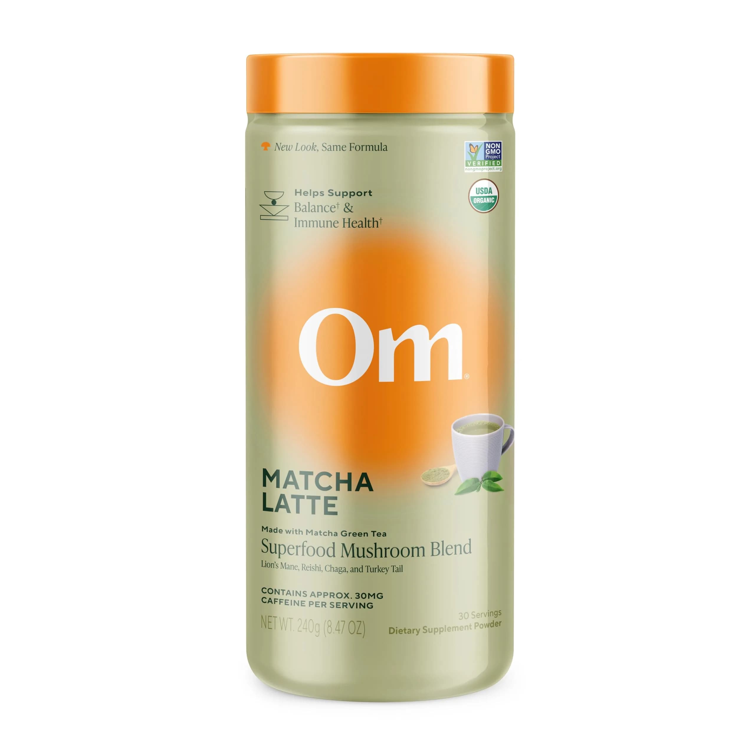 OM MUSHROOM SUPERFOOD Matcha Latte Blend – Green Tea Mushroom Powder with Lion’s Mane, Reishi, Chaga & Turkey Tail – 8.47 oz Canister (30 Servings) — Matcha Latte