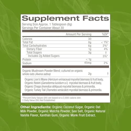 OM MUSHROOM SUPERFOOD Matcha Latte Blend – Green Tea Mushroom Powder with Lion’s Mane, Reishi, Chaga & Turkey Tail – 8.47 oz Canister (30 Servings) thumbnail 3