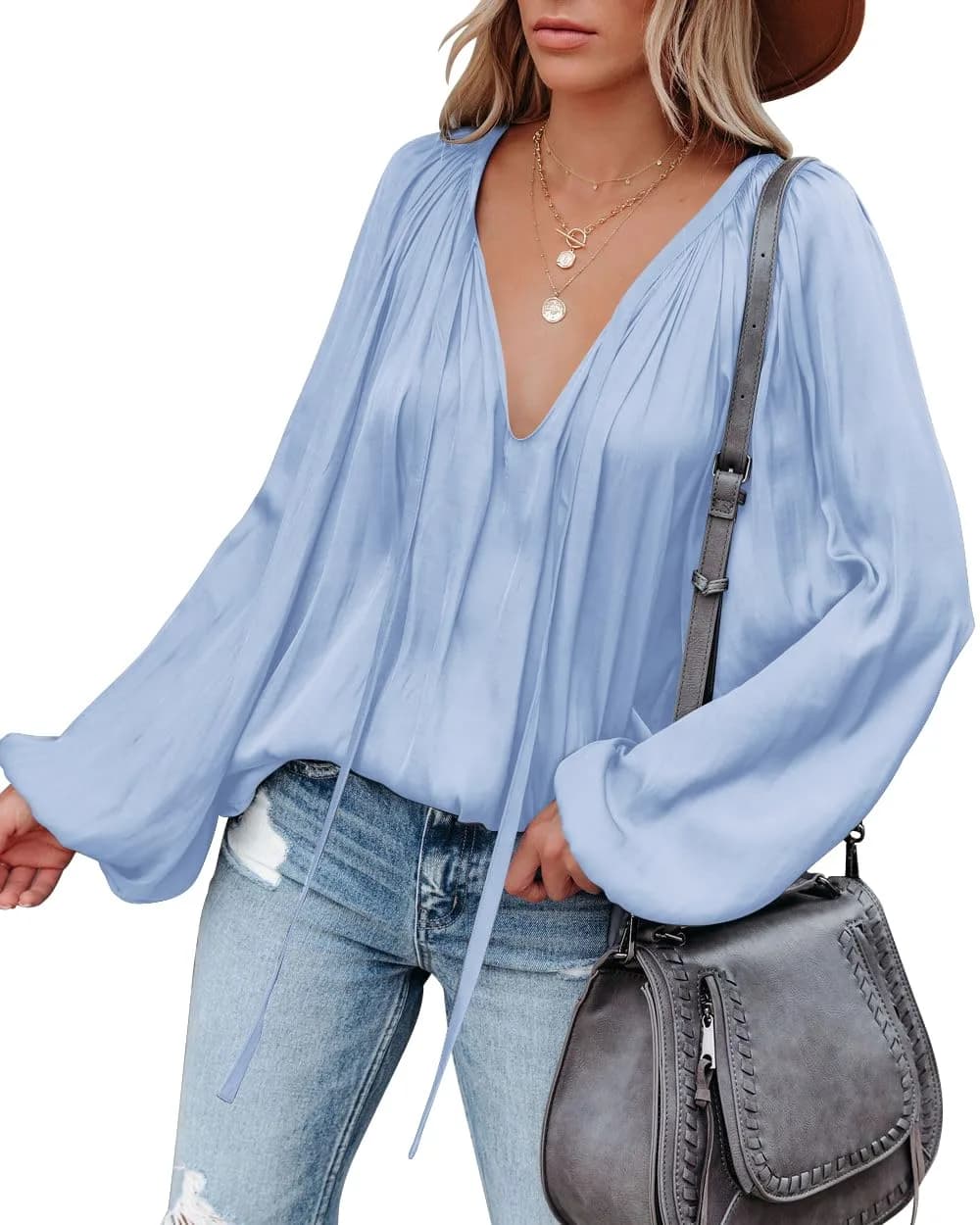 LAMISSCHE Womens Deep V Neck Blouse Satin Long Sleeve | Sexy Casual Tunic in Polyester (L)