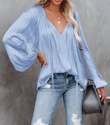 LAMISSCHE Womens Deep V Neck Blouse Satin Long Sleeve | Sexy Casual Tunic in Polyester (L) thumbnail 2