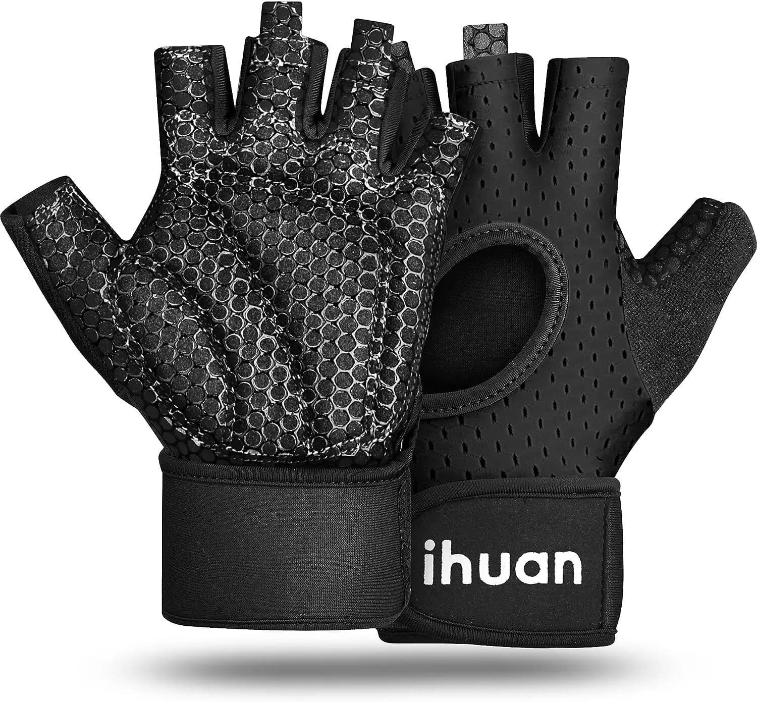 ihuan Breathable Weight Lifting Gloves: Fingerless Workout Gym | Wrist Support | Extra Grip (70-120c) — black