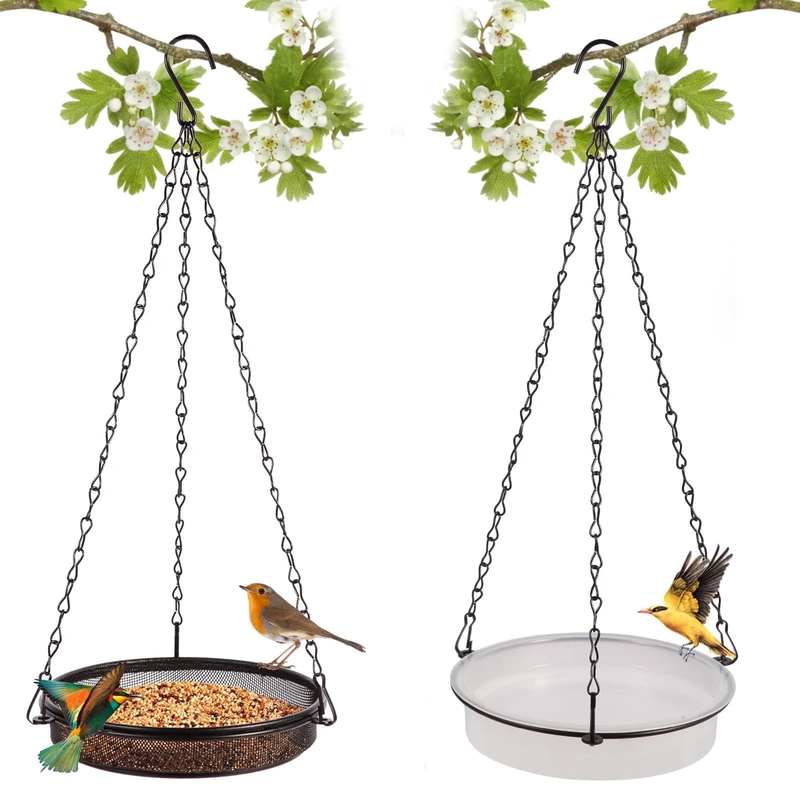 HRAYLTOP 2-in-1 Set Hanging Bird Feeder and Bath for Outdoor, Small Metal Tray | Durable Stainless Steel & Transparent Water Bowl — 15.75 Inch (2-in-1)