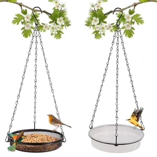 HRAYLTOP 2-in-1 Set Hanging Bird Feeder and Bath for Outdoor, Small Metal Tray | Durable Stainless Steel & Transparent Water Bowl thumbnail 1