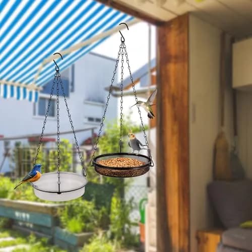 HRAYLTOP 2-in-1 Set Hanging Bird Feeder and Bath for Outdoor, Small Metal Tray | Durable Stainless Steel & Transparent Water Bowl thumbnail 5