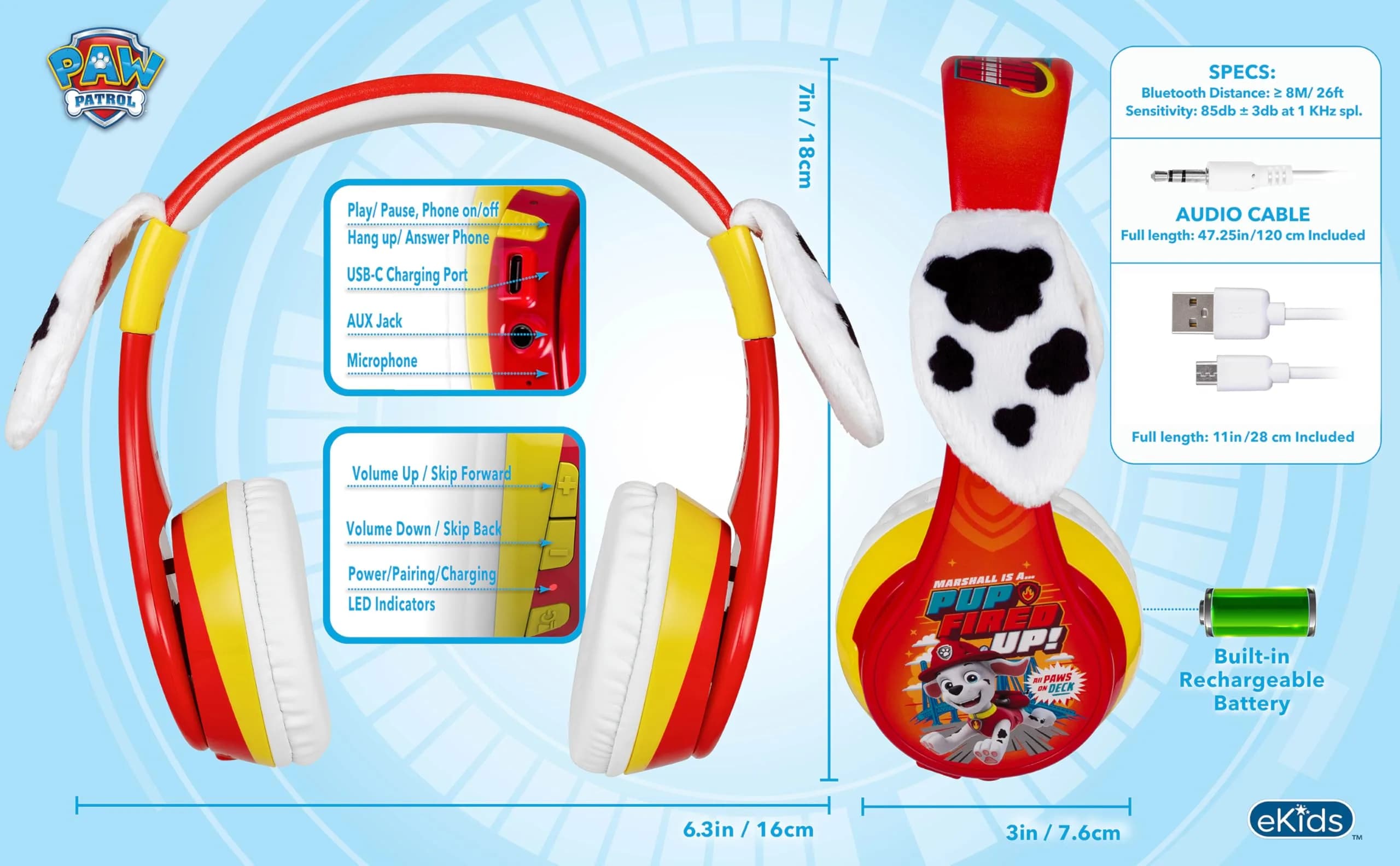 eKids Paw Patrol Marshall Bluetooth Headphones for Kids | Kid-Friendly Stereo Sound - view 6