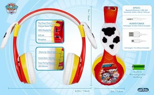 eKids Paw Patrol Marshall Bluetooth Headphones for Kids | Kid-Friendly Stereo Sound thumbnail 6