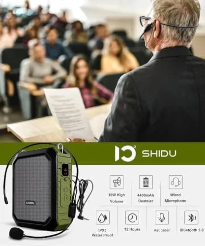 SHIDU Voice Amplifier for Teacher with Portable Microphone Waterproof | 18W Bluetooth PA System, 12H Battery, IPX5 Waterproof thumbnail 2