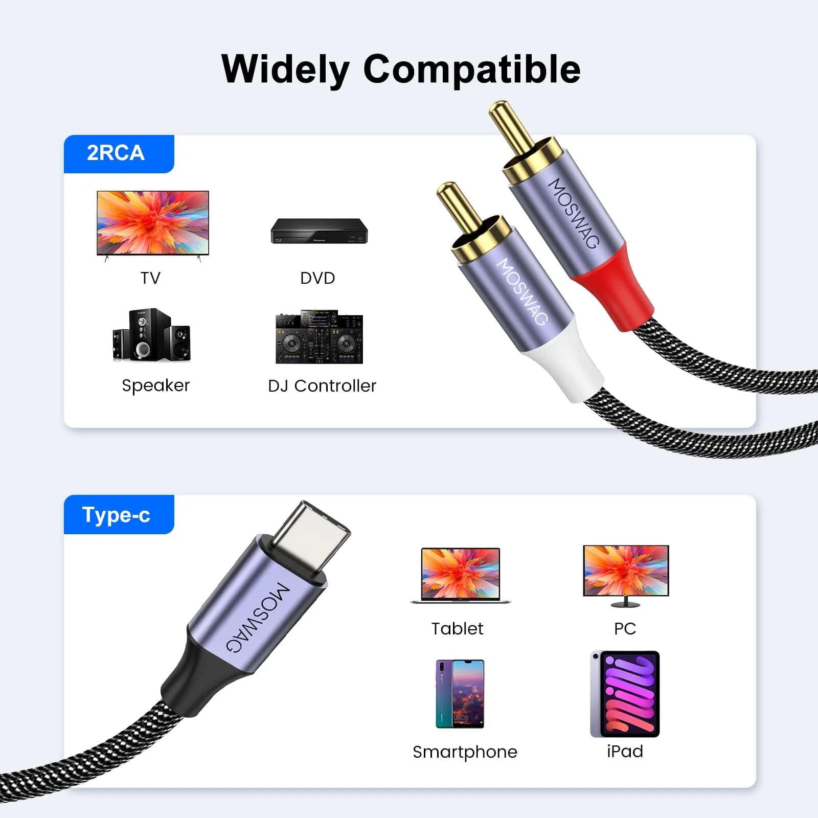 MOSWAG USB-C to 2 RCA Audio Cable 6.6ft | DAC Chip, Gold-Plated Connectors, Braided Nylon - view 6