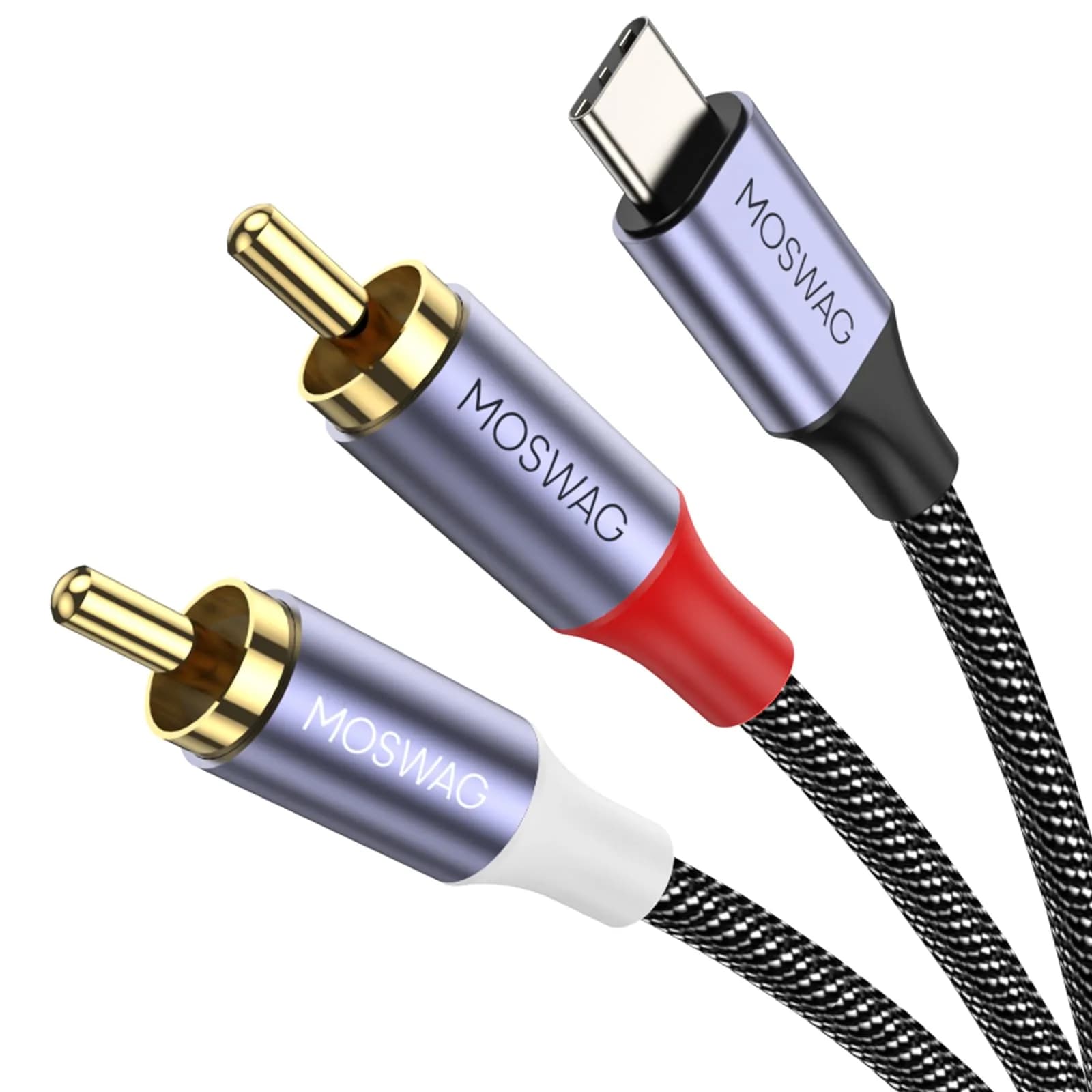 MOSWAG USB-C to 2 RCA Audio Cable 6.6ft | DAC Chip, Gold-Plated Connectors, Braided Nylon - main product image