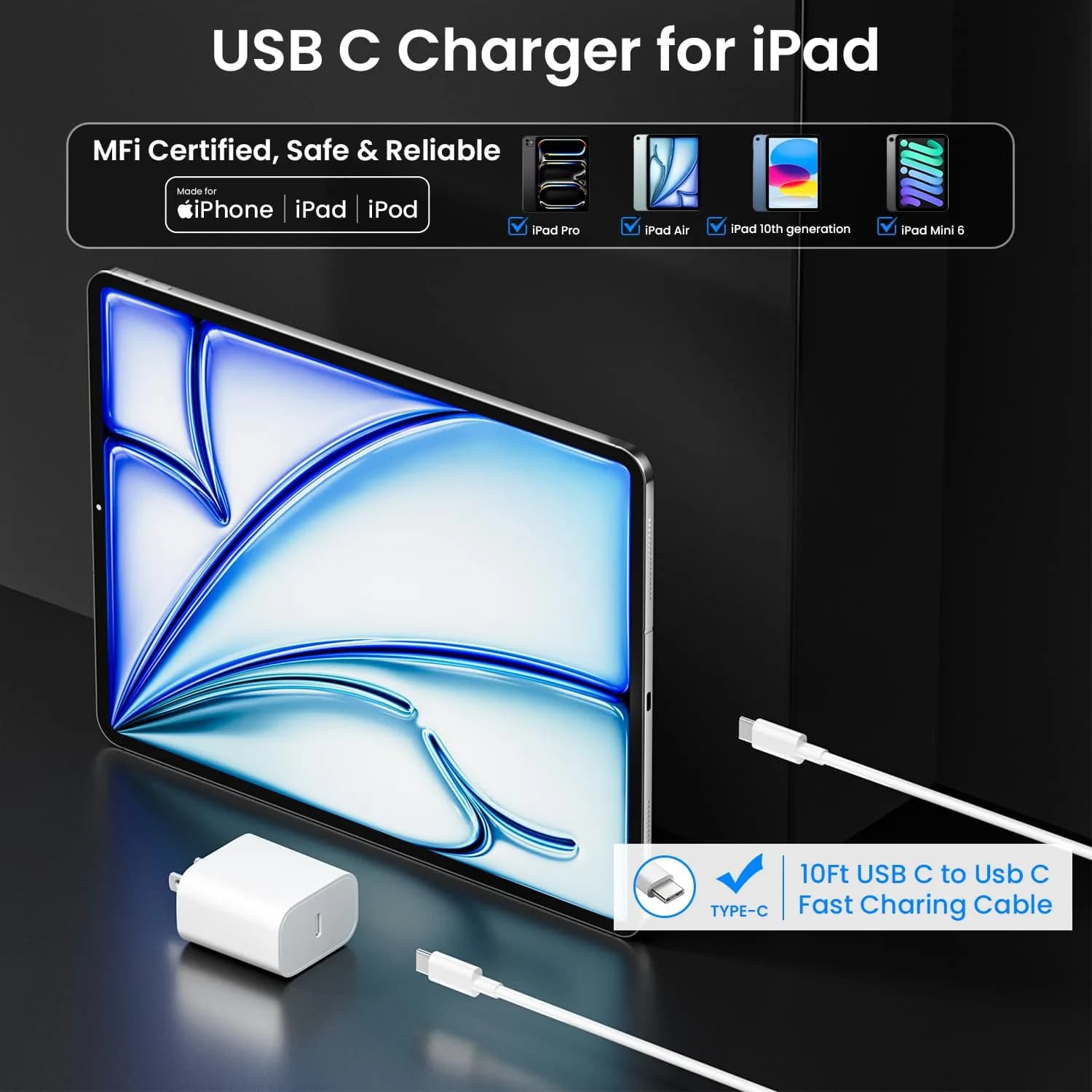 Aevonz 20W USB C Fast Charger & 10ft Cable Set | PD 3.0 Power Adapter for iPads & iPhones - view 2