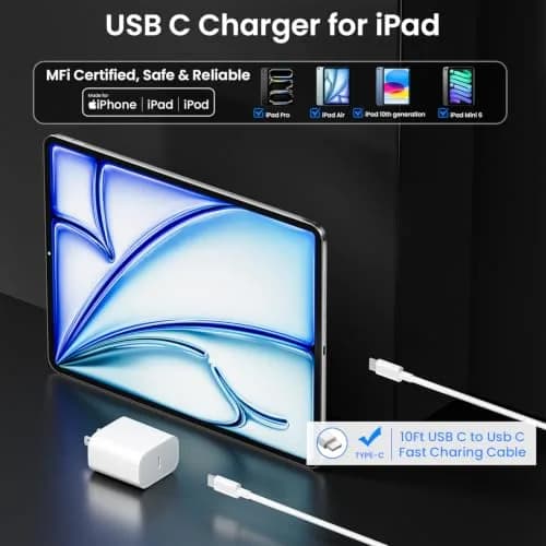 Aevonz 20W USB C Fast Charger & 10ft Cable Set | PD 3.0 Power Adapter for iPads & iPhones thumbnail 2