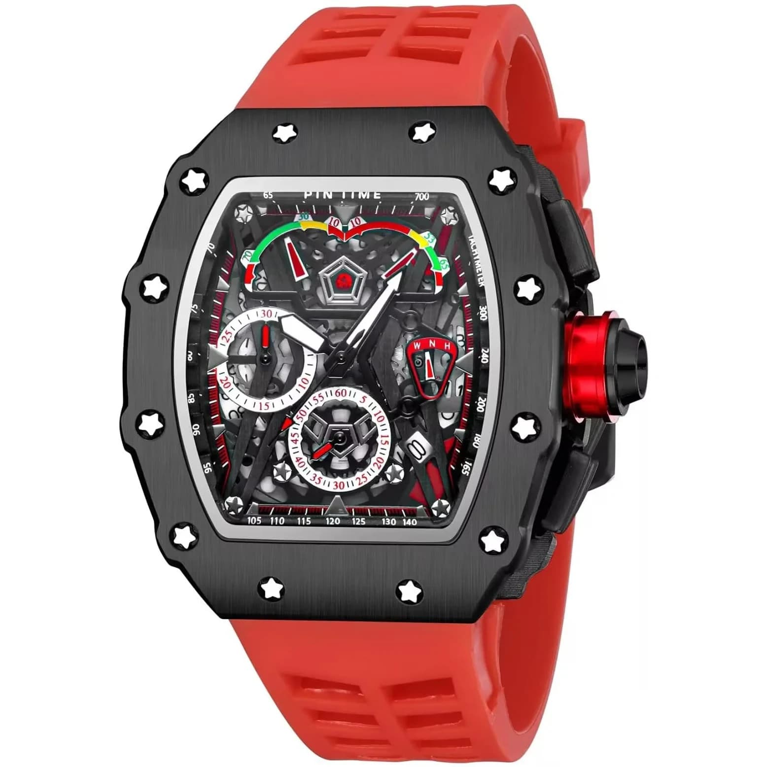 FANMIS Luxury Tonneau Square Watch for Men | Japanese Quartz Chronograph with Luminous Dial & Rubber Band (Black Red, 55mm Case)