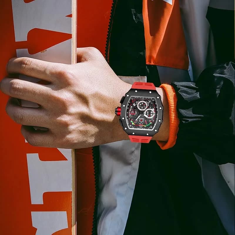 FANMIS Luxury Tonneau Square Watch for Men | Japanese Quartz Chronograph with Luminous Dial & Rubber Band (Black Red, 55mm Case) thumbnail 4