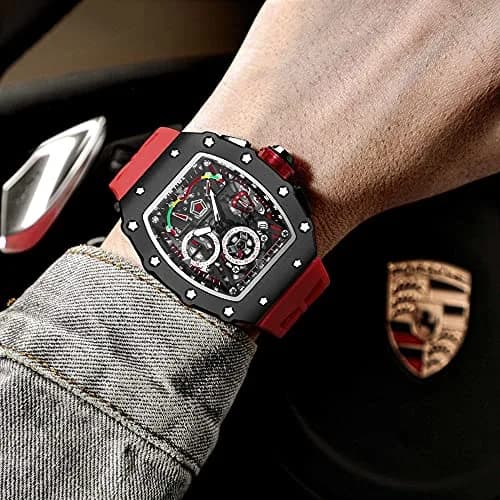 FANMIS Luxury Tonneau Square Watch for Men | Japanese Quartz Chronograph with Luminous Dial & Rubber Band (Black Red, 55mm Case) thumbnail 5