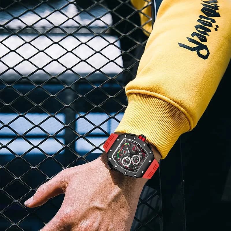 FANMIS Luxury Tonneau Square Watch for Men | Japanese Quartz Chronograph with Luminous Dial & Rubber Band (Black Red, 55mm Case) thumbnail 6