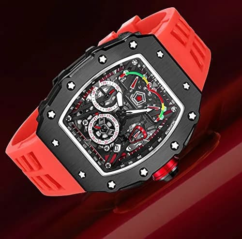 FANMIS Luxury Tonneau Square Watch for Men | Japanese Quartz Chronograph with Luminous Dial & Rubber Band (Black Red, 55mm Case) thumbnail 7