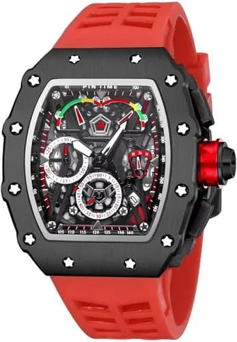 FANMIS Luxury Tonneau Square Watch for Men | Japanese Quartz Chronograph with Luminous Dial & Rubber Band (Black Red, 55mm Case) thumbnail 1