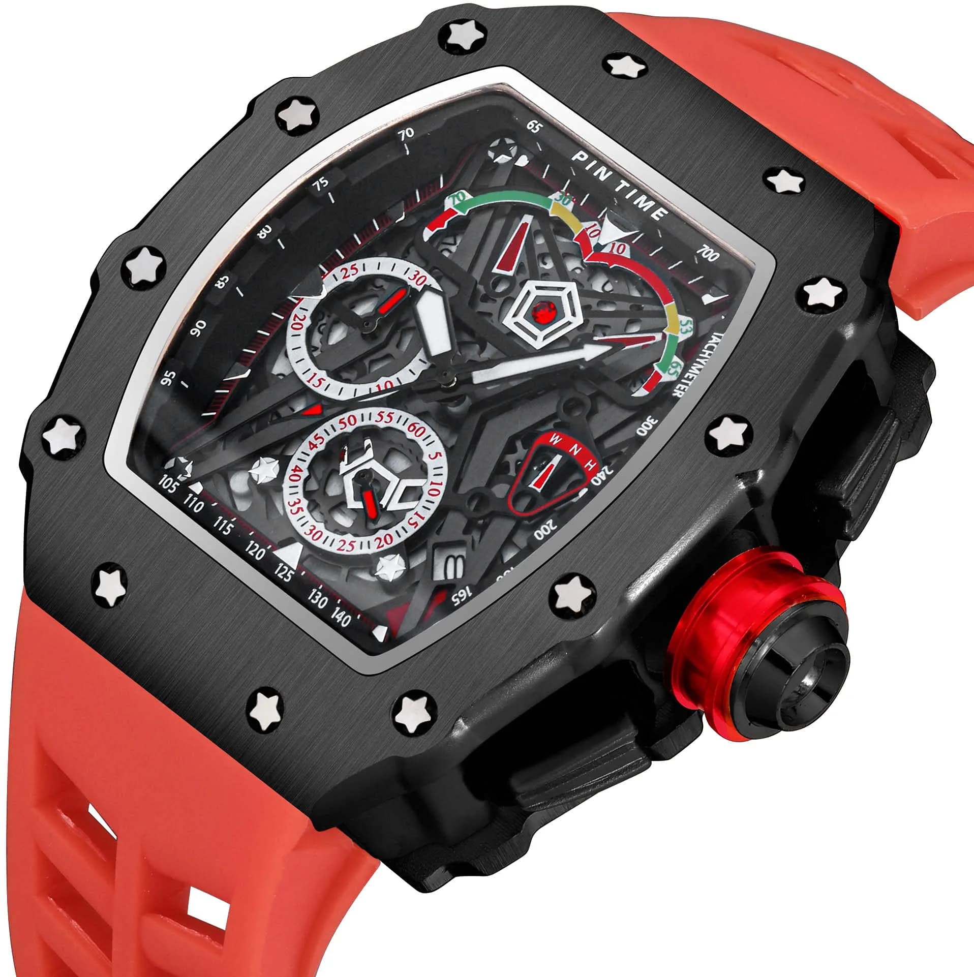 FANMIS Luxury Tonneau Square Watch for Men | Japanese Quartz Chronograph with Luminous Dial & Rubber Band (Black Red, 55mm Case) - view 2