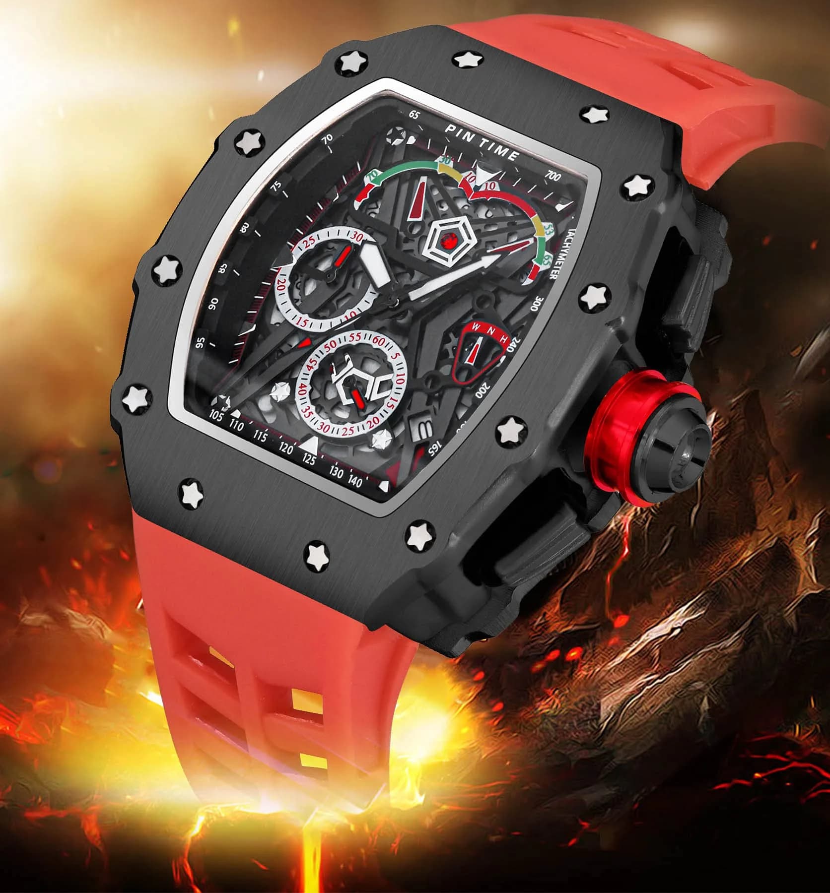 FANMIS Luxury Tonneau Square Watch for Men | Japanese Quartz Chronograph with Luminous Dial & Rubber Band (Black Red, 55mm Case) - view 3