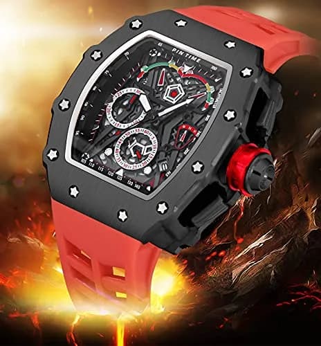 FANMIS Luxury Tonneau Square Watch for Men | Japanese Quartz Chronograph with Luminous Dial & Rubber Band (Black Red, 55mm Case) thumbnail 3