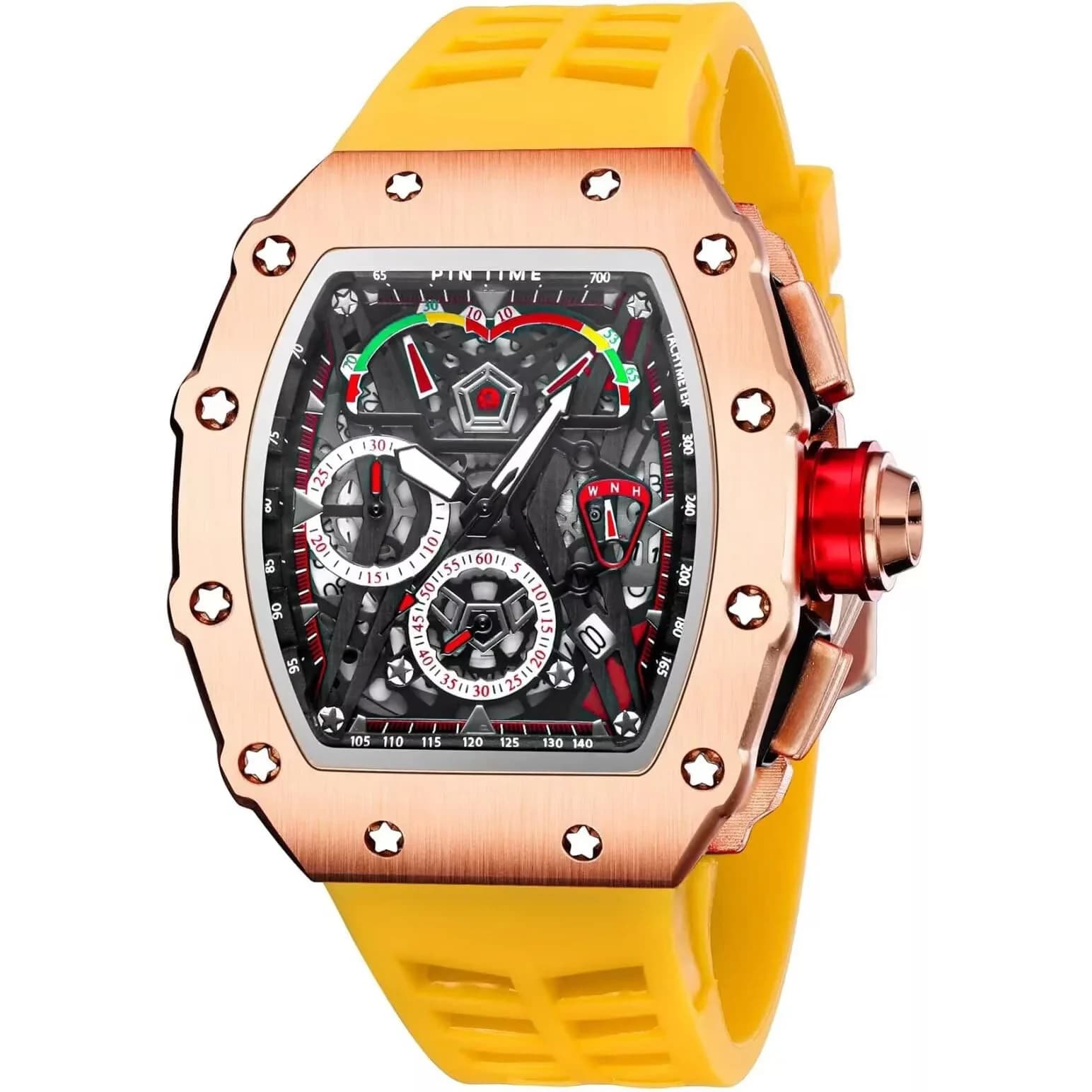 FANMIS Luxury Tonneau Square Watch for Men | Japanese Quartz Chronograph with Luminous Dial & Rubber Band (Black Red, 55mm Case) — RoseGold Yellow