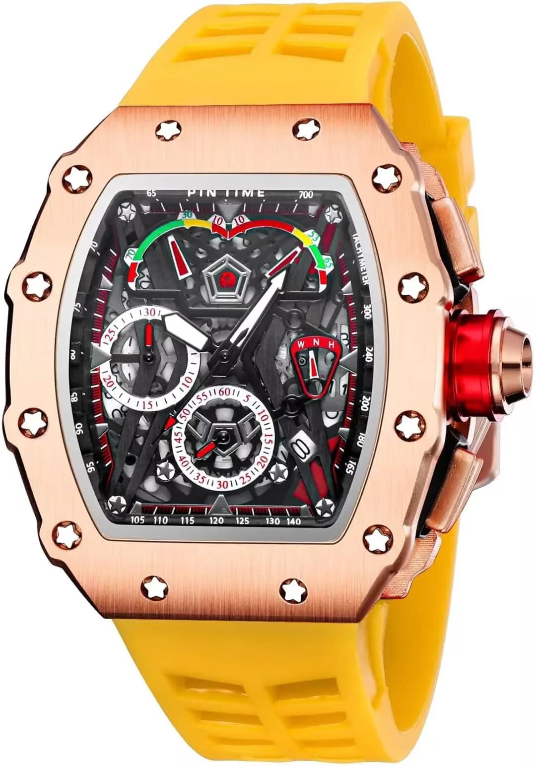 FANMIS Luxury Tonneau Square Watch for Men | Rosegold Yellow, Analog Chronograph with Rubber Band (4.5cm Case) - main product image