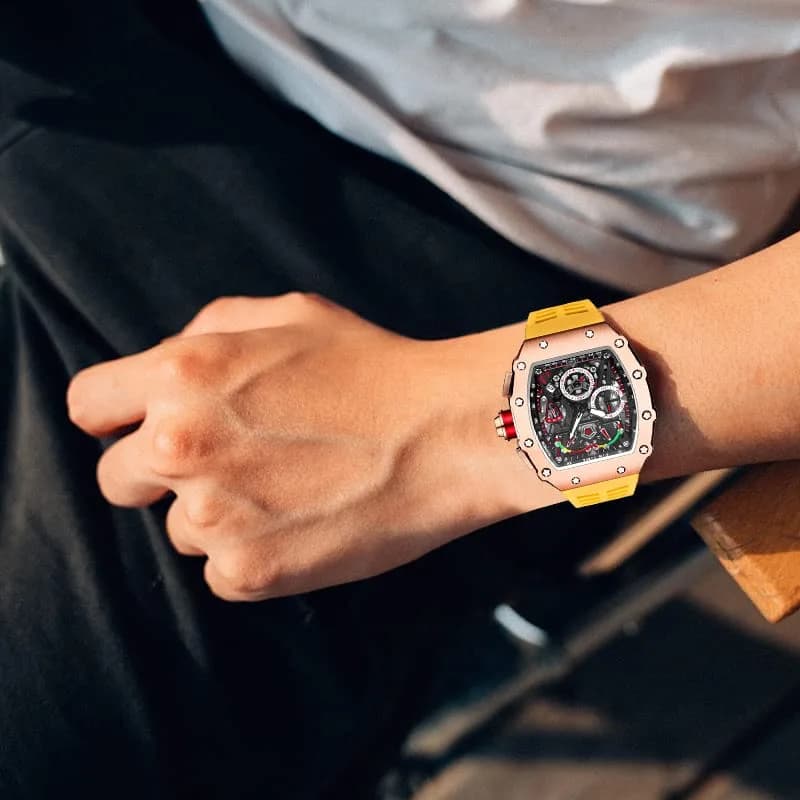 FANMIS Luxury Tonneau Square Watch for Men | Rosegold Yellow, Analog Chronograph with Rubber Band (4.5cm Case) - view 5