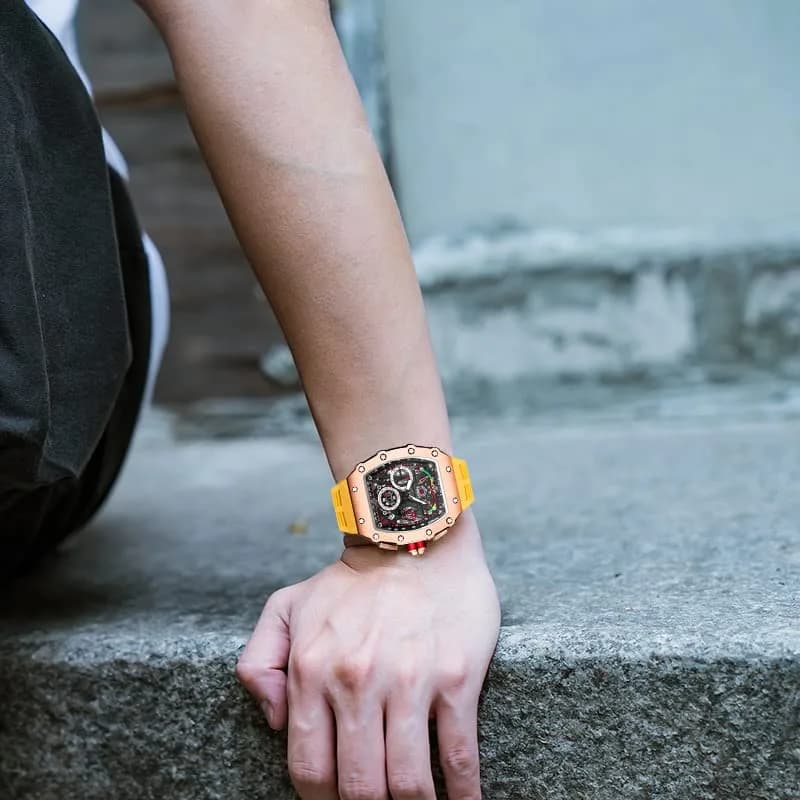 FANMIS Luxury Tonneau Square Watch for Men | Rosegold Yellow, Analog Chronograph with Rubber Band (4.5cm Case) thumbnail 6