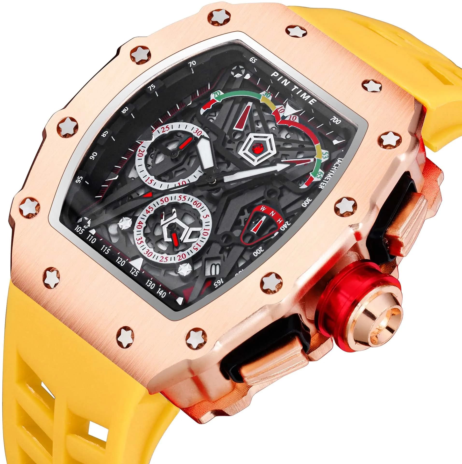 FANMIS Luxury Tonneau Square Watch for Men | Rosegold Yellow, Analog Chronograph with Rubber Band (4.5cm Case) - view 2