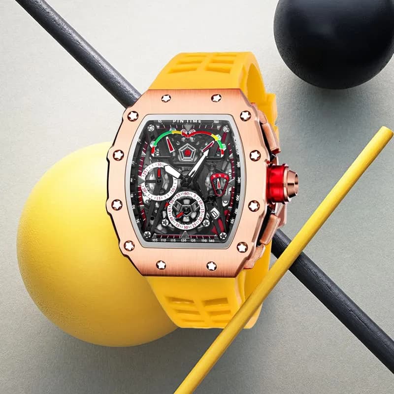 FANMIS Luxury Tonneau Square Watch for Men | Rosegold Yellow, Analog Chronograph with Rubber Band (4.5cm Case) thumbnail 3